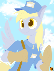 Size: 2560x3360 | Tagged: safe, artist:irontwistfim, derpy hooves, anthro, g4, clothes, cloud, colored eyebrows, cute, derpabetes, feather, female, gloves, hat, high res, mailmare, mailmare uniform, satchel, sky, smiling, solo