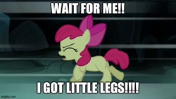 Size: 666x375 | Tagged: safe, edit, edited screencap, screencap, apple bloom, earth pony, pony, bloom & gloom, g4, blank flank, caption, cute, excessive exclamation marks, female, filly, full house, image macro, meme, michelle tanner, running, solo, text