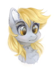 Size: 733x942 | Tagged: safe, artist:vird-gi, derpy hooves, pegasus, pony, g4, bust, cheek fluff, chest fluff, choker, collar, cute, derpabetes, ear fluff, female, fluffy, mare, portrait, simple background, solo, white background