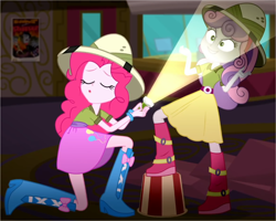 Size: 2270x1812 | Tagged: safe, screencap, pinkie pie, sweetie belle, eqg summertime shorts, equestria girls, g4, the canterlot movie club, belt, boots, bracelet, clothes, cropped, female, food, hat, jewelry, lantern, making faces with a flashlight, popcorn, poster, shirt, shoes, skirt, standing on one leg