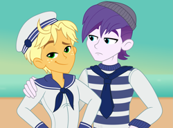 Size: 1751x1296 | Tagged: safe, artist:felux, dirk thistleweed, ragamuffin (g4), equestria girls, g4, my little pony equestria girls: better together, alternate hairstyle, beanie, clothes, cute, duo, gay, hat, male, ragabetes, ragadirk, raised eyebrow, sailor, shipping, smiling