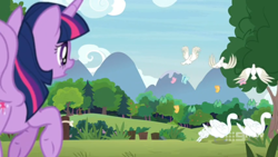 Size: 1600x900 | Tagged: safe, screencap, twilight sparkle, alicorn, bird, butterfly, dove, pony, swan, g4, memnagerie, my little pony: friendship is forever, 9now, flying, forest, mountain, outdoors, sad, twilight sparkle (alicorn), walking away, watermark