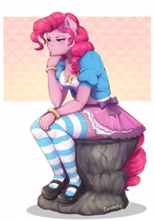 Size: 1434x2060 | Tagged: safe, artist:evomanaphy, pinkie pie, earth pony, anthro, plantigrade anthro, equestria girls, g4, breasts, busty pinkie pie, cleavage, clothes, equestria girls outfit, female, mary janes, misleading thumbnail, shoes, sitting, socks, solo, stockings, striped socks, the thinker, thigh highs