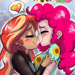 Size: 768x768 | Tagged: safe, artist:ask-sunpie, artist:wimsie, pinkie pie, sunset shimmer, human, tumblr:ask sunpie, g4, blouse, blushing, clothes, duo, female, floral print, flower, heart, humanized, jacket, lesbian, nuzzling, ship:sunsetpie, shipping, sunflower