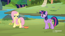 Size: 1600x900 | Tagged: safe, screencap, fluttershy, twilight sparkle, alicorn, pony, g4, memnagerie, my little pony: friendship is forever, 9now, bowl, duo, outdoors, river, sad, twilight sparkle (alicorn), watermark