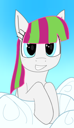 Size: 1100x1900 | Tagged: safe, artist:modera, blossomforth, pegasus, pony, g4, cloud, female, looking at you, mare, smiling, solo