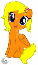 Size: 400x685 | Tagged: safe, artist:savannah-london, oc, oc:whistle blossom, pegasus, pony, cute, deviantart watermark, digital art, female, flower, flower in hair, looking at you, obtrusive watermark, open mouth, signature, simple background, sitting, smiling, smiling at you, watermark, whistlebetes, white background