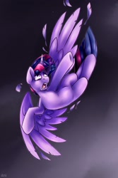 Size: 2000x3000 | Tagged: safe, artist:lrusu, twilight sparkle, alicorn, pony, g4, falling, feather, female, high res, mare, open mouth, solo, spread wings, teary eyes, twilight sparkle (alicorn), wings