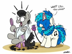 Size: 1024x774 | Tagged: safe, artist:bobthedalek, dj pon-3, octavia melody, vinyl scratch, earth pony, pony, unicorn, g4, alternate hairstyle, bad haircut, female, haircut, magic, mare, messy mane, mirror, shaver, shocked, stool, this will end in pain, unkempt mane