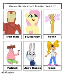 Size: 1136x1280 | Tagged: safe, artist:sirstruction, fluttershy, human, pegasus, pony, rabbit, starfish, anthro, g4, animal, anthro with ponies, bust, clothes, coco bandicoot, costume, crash bandicoot (series), crossover, female, hammer, iron man, judy hopps, male, mare, nail, patrick star, plank, police, salute, sitting, six fanarts, smiling, sparx the dragonfly, spongebob squarepants, spyro the dragon (series), zootopia