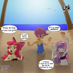 Size: 2000x2000 | Tagged: safe, artist:oldskullkid, apple bloom, scootaloo, sweetie belle, crab, equestria girls, g4, apple bloom's bow, armpits, ass, beach, belly button, bikini, bow, butt, clothes, crying, cutie mark crusaders, female, hair bow, halterneck, high res, imminent death, midriff, offscreen character, one-piece swimsuit, open-back swimsuit, peril, quicksand, speech bubble, swimsuit