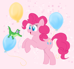 Size: 1106x1040 | Tagged: safe, artist:rainbowfoxxy, gummy, pinkie pie, earth pony, pony, g4, balloon, colored pupils, cute, diapinkes, duo, female, mare