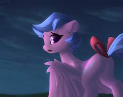 Size: 2400x1900 | Tagged: safe, artist:shido-tara, firefly, pegasus, pony, g1, butt, cutie mark, female, grass, grass field, looking at you, mare, night, night sky, open mouth, plot, sky, solo