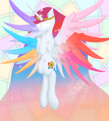 Size: 900x1000 | Tagged: safe, artist:tunrae, oc, oc only, oc:concordia, alicorn, pony, alicorn oc, colored wings, commission, element of generosity, element of honesty, element of kindness, element of laughter, element of loyalty, element of magic, elements of harmony, glowing eyes, horn, laurel wreath, multicolored mane, multicolored wings, multiple wings, simple background, sneaky signature, solo, spread wings, stained glass, transparent mane, wings