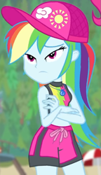Size: 417x723 | Tagged: safe, screencap, pinkie pie, rainbow dash, equestria girls, equestria girls series, forgotten friendship, g4, beach umbrella, belly button, bikini, bikini top, blurry background, board shorts, cap, clothes, cropped, crossed arms, cute, dashabetes, female, forest background, geode of super speed, hat, jewelry, legs, lidded eyes, magical geodes, midriff, necklace, outdoors, rainbow, rainbow dash's beach shorts swimsuit, shorts, sleeveless, solo focus, sun, swimsuit, tankini, thighs, thunderbolt