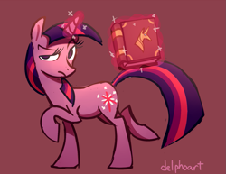 Size: 1363x1054 | Tagged: safe, artist:delphoart, twilight sparkle, pony, unicorn, g4, book, book of harmony, brown background, elements of harmony (book), female, frown, glowing horn, horn, magic, mare, simple background, solo, telekinesis, unicorn twilight