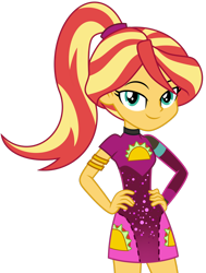 Size: 1024x1353 | Tagged: safe, artist:emeraldblast63, sonata dusk, sunset shimmer, equestria girls, equestria girls specials, g4, my little pony equestria girls: better together, my little pony equestria girls: sunset's backstage pass, alternate hairstyle, armlet, clothes, clothes swap, dress, food, hand on hip, jewelry, minidress, ponytail, simple background, solo, taco, taco dress, transparent background