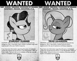 Size: 1544x1224 | Tagged: safe, artist:moonatik, starlight glimmer, trixie, pony, unicorn, equestria at war mod, g4, alternate hairstyle, alternate timeline, alternate universe, chrysalis resistance timeline, clothes, coat, female, hair bun, mare, wanted poster