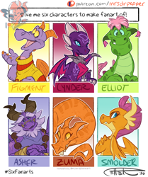 Size: 900x1075 | Tagged: safe, artist:mrsdrpepper, smolder, dragon, g4, bust, crossed arms, crossover, cynder, dragoness, elliot, female, figment, looking back, male, patreon, patreon logo, pete's dragon, six fanarts, spyro the dragon (series), the legend of spyro, wings, zuma