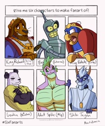 Size: 1072x1280 | Tagged: safe, artist:macrodamia, spike, bear, big cat, bird, dragon, lion, panda, penguin, robot, anthro, g4, abs, angry, beastars, bender bending rodríguez, cigar, clothes, crossover, futurama, gigachad spike, gohin (beastars), king dedede, kirby (series), male, muscles, older, older spike, robin hood, six fanarts