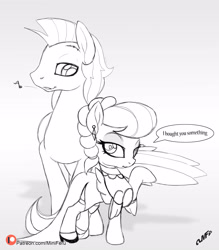 Size: 3500x4000 | Tagged: safe, artist:miniferu, silver spoon, oc, oc:tweet, pegasus, pony, g4, bedroom eyes, clothes, dress, lineart, patreon, patreon logo