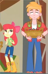 Size: 993x1514 | Tagged: safe, screencap, apple bloom, big macintosh, equestria girls, equestria girls series, holidays unwrapped, the cider louse fools, spoiler:eqg series (season 2), apple, apple bloom's bow, basket, blank eyes, boots, bow, clothes, cropped, faic, food, great moments in animation, hair bow, jeans, looking at someone, looking up, ohgodwhat, pants, shirt, shoes