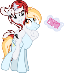 Size: 1024x1181 | Tagged: safe, artist:fuzzybrushy, oc, oc only, oc:stock piston, oc:stormy sunset, pegasus, pony, unicorn, love letter, ponies riding ponies, riding, show accurate, simple background, size difference, transparent background