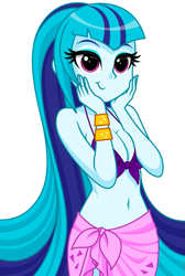 Size: 859x1281 | Tagged: safe, artist:rosemile mulberry, sonata dusk, human, equestria girls, g4, alternate hairstyle, belly button, bikini, bracelet, breasts, busty sonata dusk, cleavage, clothes, cute, female, front knot midriff, holding head, jewelry, looking at you, midriff, sarong, smiling, solo, sonatabetes, swimsuit, very long hair