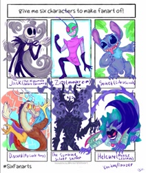 Size: 1085x1280 | Tagged: safe, artist:fauzerdarkress, discord, draconequus, g4, crossover, invader zim, jack skellington, lilo and stitch, male, mobile legends, red eyes, silver surfer, six fanarts, smiling, stitch, symbiote, the nightmare before christmas