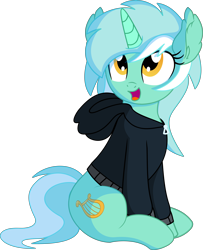 Size: 5972x7365 | Tagged: safe, artist:cyanlightning, lyra heartstrings, pony, unicorn, fanfic:background pony, .svg available, absurd resolution, clothes, cute, dig the swell hoodie, ear fluff, female, hoodie, lyrabetes, mare, open mouth, simple background, sitting, solo, transparent background, vector