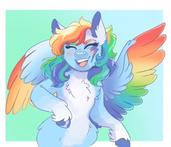 Size: 2215x1905 | Tagged: safe, artist:scarletskitty12, rainbow dash, pegasus, pony, g4, bipedal, blushing, cheek fluff, chest fluff, coat markings, colored wings, cute, dashabetes, ear fluff, eyes closed, female, leg fluff, lightning, mare, multicolored wings, open mouth, pale belly, rainbow wings, solo, spread wings, unshorn fetlocks, wings