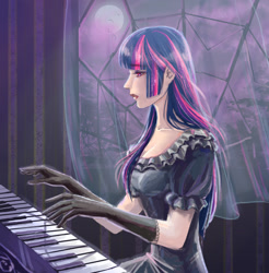 Size: 1942x1975 | Tagged: safe, artist:pink_stardust, twilight sparkle, human, vampire, fanfic:the sickness unto death, g4, clothes, curtains, dress, evening gloves, fanfic art, female, gloves, gothic, humanized, long gloves, moon, musical instrument, piano, playing instrument, solo, window