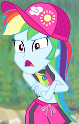 Size: 527x826 | Tagged: safe, screencap, rainbow dash, equestria girls, equestria girls series, forgotten friendship, g4, angry, bikini, bikini top, blurry background, board shorts, cap, clothes, cloud, cropped, crossed arms, female, forest background, geode of super speed, hat, jewelry, legs, magical geodes, midriff, necklace, outdoors, rainbow, rainbow dash's beach shorts swimsuit, shorts, sleeveless, solo, sun, swimsuit, talking, tankini, thighs, thunderbolt