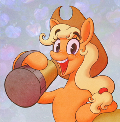Size: 1728x1756 | Tagged: safe, artist:littmosa, applejack, earth pony, pony, g4, apple background, cider, cider mug, female, looking at you, mug, open mouth, pac-man eyes, solo