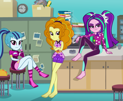 Size: 3192x2648 | Tagged: safe, artist:charliexe, artist:grapefruitface1, derpibooru exclusive, adagio dazzle, aria blaze, sonata dusk, equestria girls, find the magic, g4, my little pony equestria girls: better together, ashtray, ass, barefoot, base used, blushing, book, butt, cigarette, clock, clothes, desk, feet, food, greenbutt pants, high res, legs, looking at you, office, schrödinger's pantsu, show accurate, smoking, socks, sonata donk, taco, the dazzlings, thighs, trio