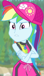 Size: 491x850 | Tagged: safe, screencap, rainbow dash, equestria girls, equestria girls specials, g4, my little pony equestria girls: better together, my little pony equestria girls: forgotten friendship, angry, bikini, bikini top, blurry background, board shorts, cap, clothes, cloud, cropped, crossed arms, female, forest background, geode of super speed, hat, jewelry, magical geodes, midriff, necklace, outdoors, rainbow, rainbow dash's beach shorts swimsuit, shorts, sleeveless, sun, swimsuit, talking, tankini, thunderbolt