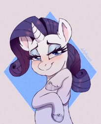 Size: 1296x1578 | Tagged: safe, artist:delphoart, rarity, pony, unicorn, g4, abstract background, blushing, bust, cute, ear fluff, female, mare, raribetes, smiling, solo, unshorn fetlocks