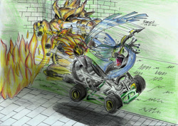 Size: 2320x1654 | Tagged: safe, artist:3500joel, queen chrysalis, changeling, pony, g4, bowser, brick wall, burned, burned butt, butt fire, fire, go kart, grass, male, mario kart, scared, smoke, traditional art, wide eyes