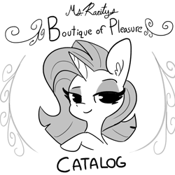 Size: 3375x3375 | Tagged: safe, artist:tjpones, part of a set, rarity, pony, unicorn, g4, boutique of pleasure, female, grayscale, high res, mare, monochrome, simple background, solo, text, white background