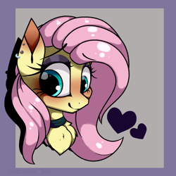 Size: 1854x1854 | Tagged: safe, artist:luxsimx, fluttershy, pegasus, pony, g4, bust, chest fluff, choker, chokershy, cute, ear piercing, earring, female, fluttergoth, heart, jewelry, makeup, piercing, portrait, shyabetes, solo