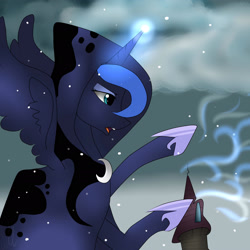 Size: 2449x2449 | Tagged: safe, artist:selcix, princess luna, spirit of hearth's warming yet to come, pony, a hearth's warming tail, g4, female, glowing horn, high res, horn, luna's future, magic, scene interpretation, snow, snowfall, solo