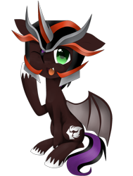 Size: 1622x2150 | Tagged: safe, artist:xxspeedboltxx, oc, oc only, oc:fuego, bat pony, pony, bat pony oc, bat wings, looking at you, male, one eye closed, open mouth, simple background, sitting, solo, transparent background, wings, wink, winking at you