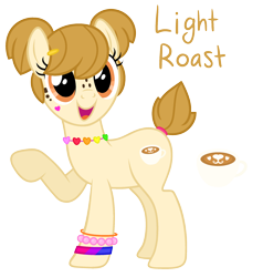 Size: 2200x2312 | Tagged: safe, artist:cherrycandi, oc, oc only, oc:light roast, earth pony, pony, accessory, base used, bracelet, coffee, female, freckles, hairclip, happy, high res, jewelry, necklace, pigtails, simple background, smiling, transparent background