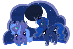 Size: 2001x1334 | Tagged: safe, artist:assechan, princess luna, alicorn, pony, age progression, blushing, crescent moon, cute, duality, female, looking at you, lunabetes, mare, moon, night, no pupils, open mouth, profile, s1 luna, self ponidox, simple background, sky, stars, transparent background