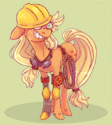 Size: 2160x2430 | Tagged: safe, artist:theswingingcat, applejack, earth pony, pony, g4, amputee, crossover, engiejack, engineer, engineer (tf2), goggles, green background, grin, helmet, high res, prosthetic leg, prosthetic limb, prosthetics, rope, simple background, smiling, team fortress 2, unshorn fetlocks