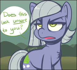 Size: 600x543 | Tagged: safe, artist:esmeia, limestone pie, earth pony, pony, g4, dialogue, does this look unsure to you?, ear fluff, female, just one bite, lidded eyes, limestone pie is not amused, mare, solo, spongebob squarepants