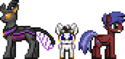 Size: 344x164 | Tagged: dead source, safe, artist:kelvin shadewing, oc, oc only, oc:chuggle buggle, oc:lightning bliss, oc:solar flare, alicorn, changedling, changeling, pegasus, pony, pixel art, simple background, sprite, transparent background