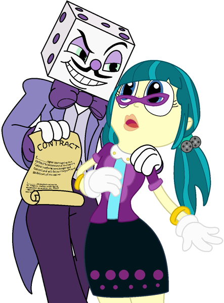 2340743 - safe, artist:hetaliafranceluvr123, artist:user15432, juniper  montage, human, equestria girls, g4, barely eqg related, base used, bowtie,  bracelet, clothes, contract, crossover, cuphead, duo, glasses, gloves, hand  on shoulder, jewelry, king