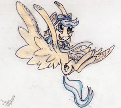 Size: 3755x3343 | Tagged: safe, artist:c_ii_r, oc, oc only, oc:easy breezy, pegasus, pony, armpits, female, goggles, high res, mare, solo, spread wings, traditional art, wings