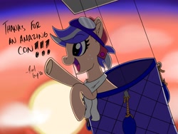 Size: 2048x1536 | Tagged: safe, artist:pixel_grip94, oc, oc only, oc:easy breezy, pegasus, pony, midair pony fair, clothes, cloud, dawn, female, freckles, frog (hoof), goggles, hot air balloon, mare, open mouth, scarf, signature, sky, smiling, solo, sun, underhoof